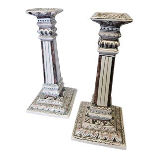 Hand Painted Classical Column Style Sepia and White Majolica Candlesticks From Portugal - a Pair For Sale