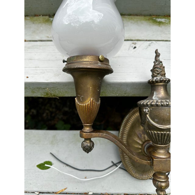 Pair of Vintage Two Light Brass Wall Sconces, Attributed to Bradley & Hubbard For Sale In New York - Image 6 of 8