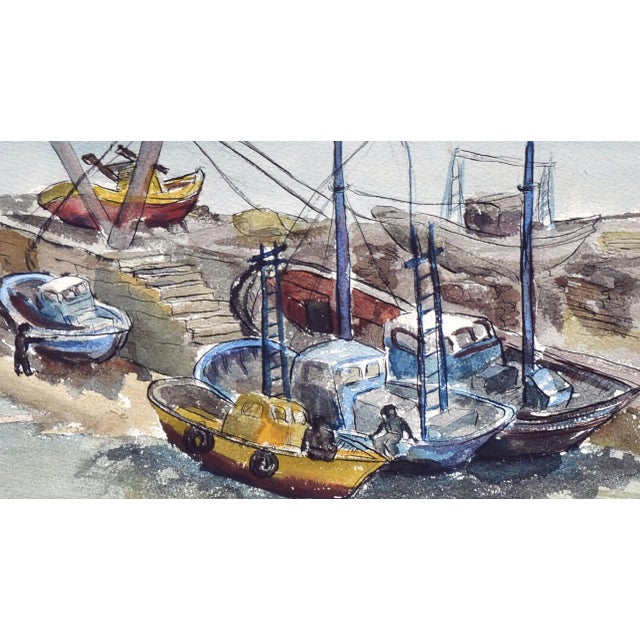 Vintage Figurative Landscape of Peniche, Portugal Harbor Boats by Buford Crossland For Sale - Image 4 of 6