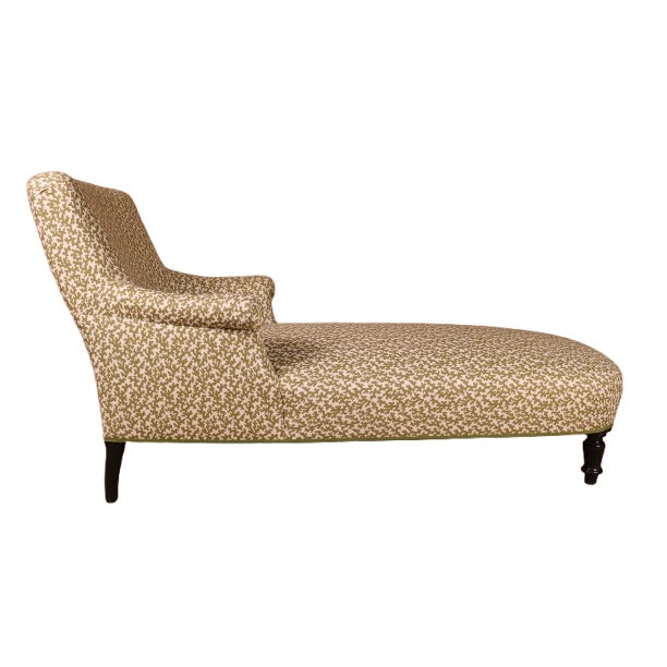 Newly reupholstered in Folly linen in Olive by Veere Grenney for Schumacher with olive green grosgrain trim. Ebonized...