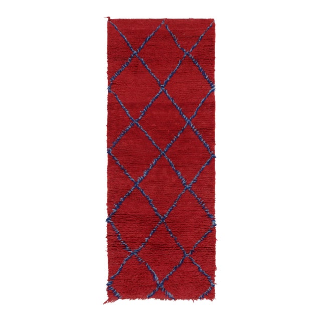 Vintage Moroccan Runner in Red With Blue Diamond Medallions, From Rug & Kilim For Sale