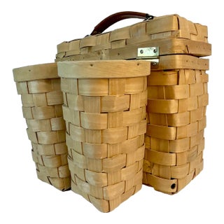 1980s Vintage Boho Chic Coastal Arts & Crafts Woven Maple Slat Wine Picnic Basket For Sale