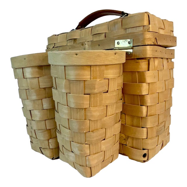 1980s Vintage Boho Chic Coastal Arts & Crafts Woven Maple Slat Wine Picnic Basket For Sale