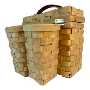 1980s Vintage Boho Chic Woven Maple Slat Wine Picnic Basket.