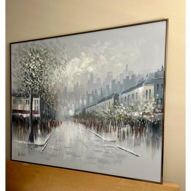 Mid century Modern Abstract Chicago Cityscape Signed Oil Painting by Lee Reynolds Huge Measures: 60 inches wide x 48 1/2"...