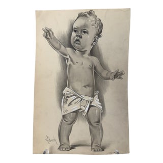 Original Signed Graphite Illustration of Standing Baby Figure, 11 × 7.25 In. For Sale