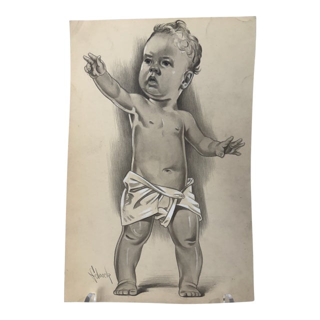 Original Signed Graphite Illustration of Standing Baby Figure, 11 × 7.25 In. For Sale