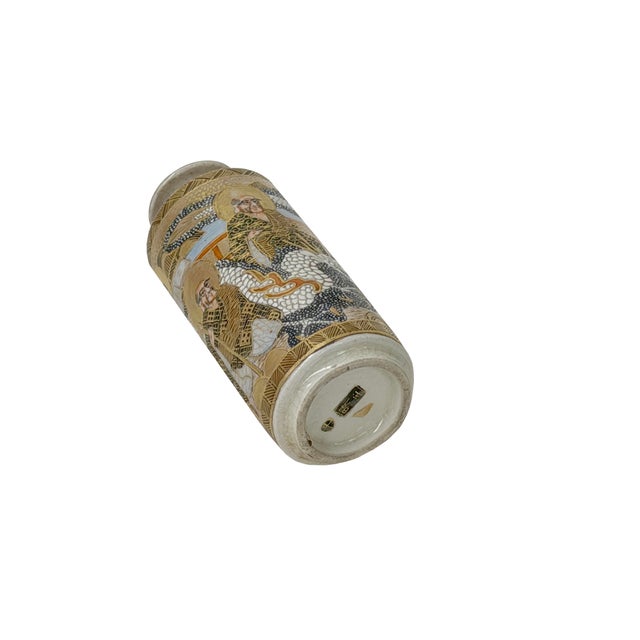 4.75"Asian Satsuma Style Cylindrical Figures Painted Porcelain Art Vase For Sale - Image 10 of 11