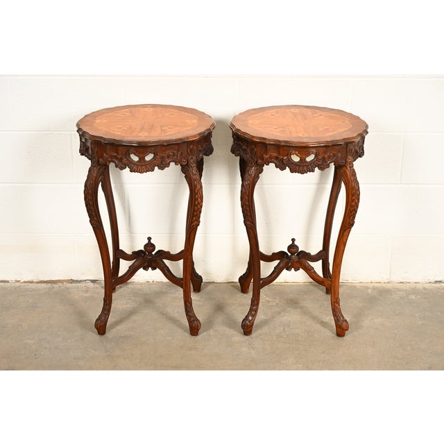 Romweber Style French Provincial Louis XV Carved Walnut and Satinwood Inlaid Marquetry Side Tables, Pair For Sale - Image 12 of 12