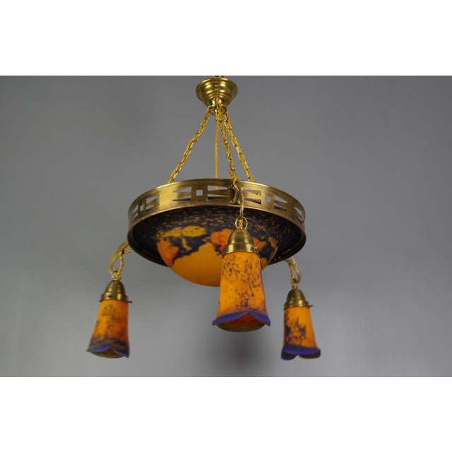 1920s Art Nouveau French Brass Chandelier with Pâte De Verre Glass by Noverdy, 1920s For Sale - Image 5 of 18