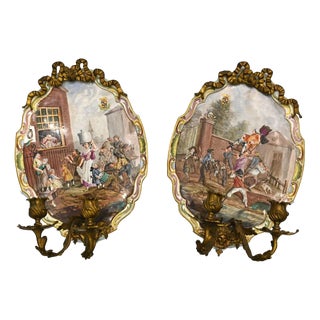 Girandole Painted Lille Porcelain Candelabra Plates, Set of 2 For Sale
