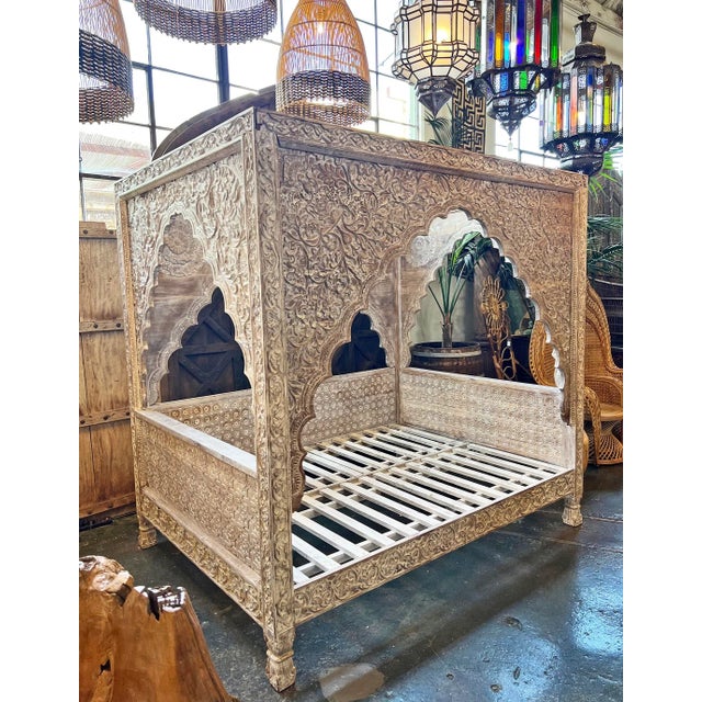 Vintage Carved White Wash Canopy Queen Daybed For Sale - Image 4 of 9