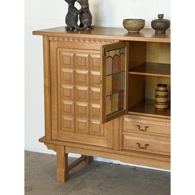 Mid-Century Modern Mid-Century Modern Oak Credenza with Leaded Glass by Henning Kjærnulf, 1960s For Sale - Image 3 of 10