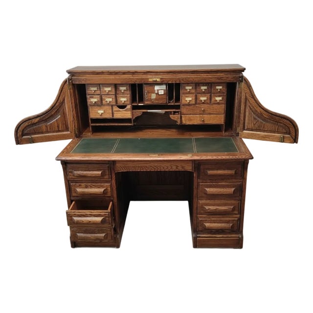 Vintage Oak Crest Solid Oak Roll Top Desk – Classic Mid-Century Design For Sale