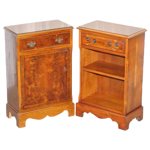 Vintage Burl Yew Wood Bedside Cupboards with Drawers, Set of 2