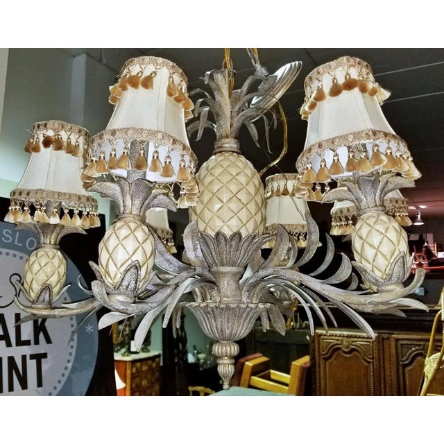 Aste of the tropics with these vintage 1980's Quoizel Pineapple Metal Tole Chandelier 6 Light Fixtures. Chandelier with 6...