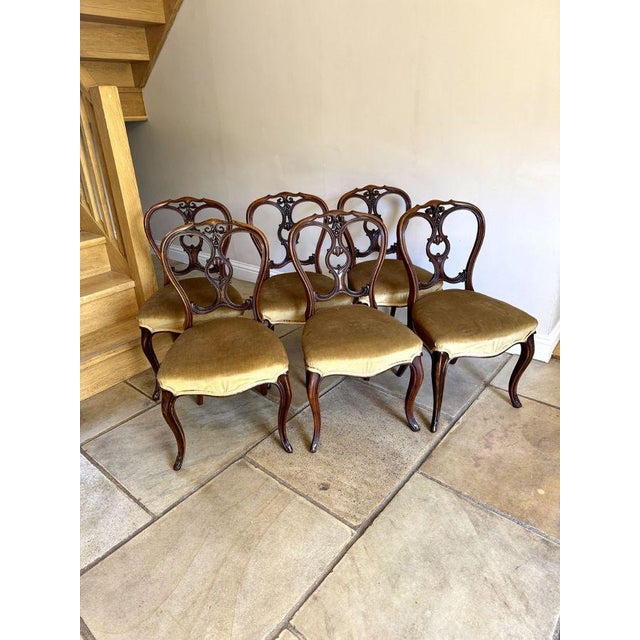 Elegant quality set of six antique Victorian carved walnut dining chairs, having a quality set of six antique Victorian...