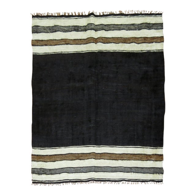 Minimalist Black Ivory Gray Brown 20th Century Turkish Mohair Rug For Sale