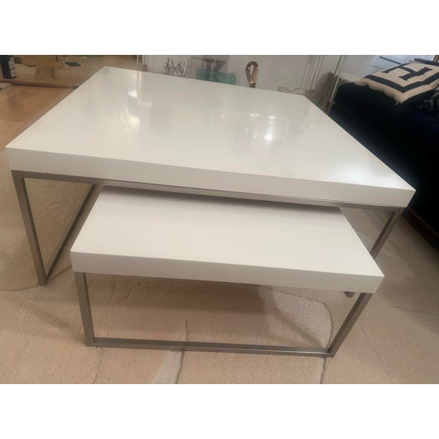 2010s BoConcept Lugo Coffee Table Set of 2 – White Lacquer & Brushed Steel For Sale - Image 5 of 9