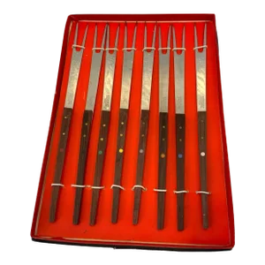 Vintage Mid Century Teak Handle Fondue Forks - Set of 8