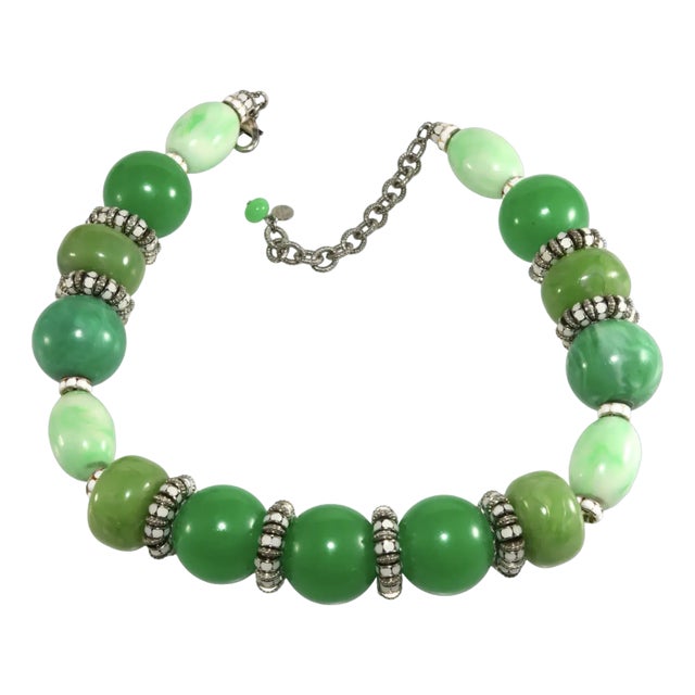1980s Francoise Montague Paris Necklace Green Resin Beads With White Rhinestone Rondelles For Sale