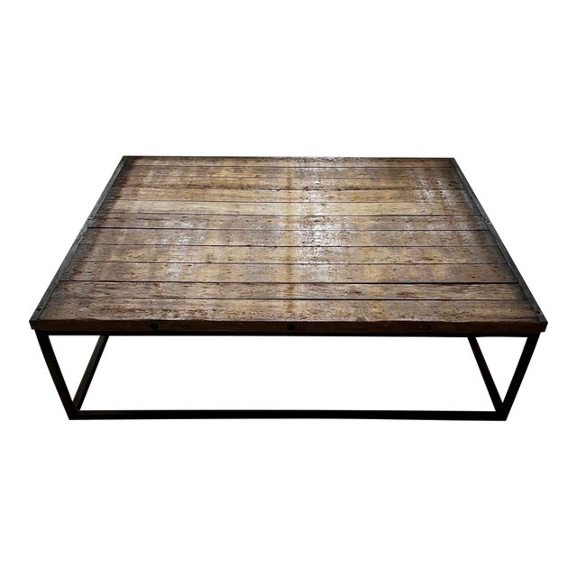 1990s Cast-Iron and Salvaged Wood Extra Large Coffee Table Restoration Hardware For Sale