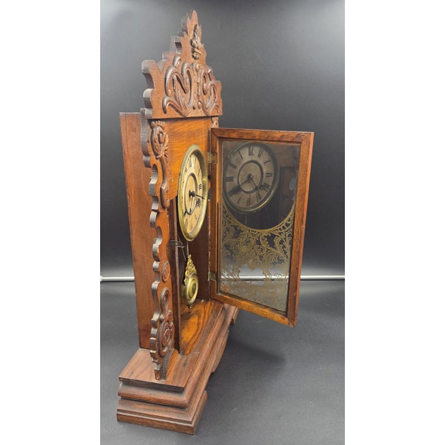 Wood Antique New Haven "Maine Line" 8-Day Striking Stenciled Glass & Wood Case Mantel Clock For Sale - Image 7 of 18