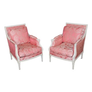 1950's Pair Beautifully Tailored French Louis XVI Style Painted Bergere Chairs For Sale
