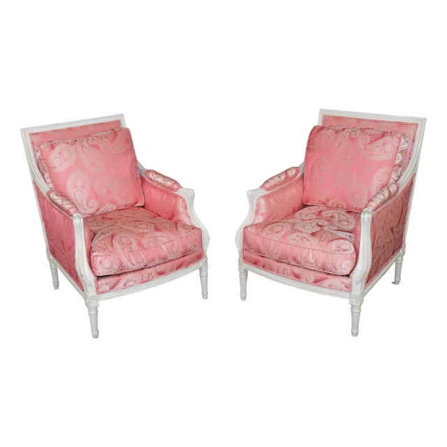 1950's Pair Beautifully Tailored French Louis XVI Style Painted Bergere Chairs For Sale