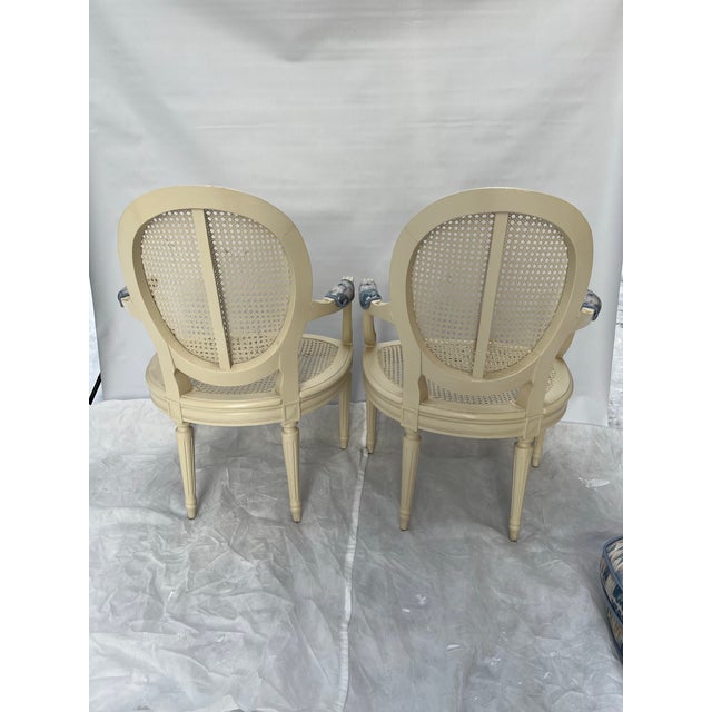 Mid 20th Century Vintage Painted Caned Louis XVI Fauteuil Chairs a Pair For Sale - Image 5 of 12