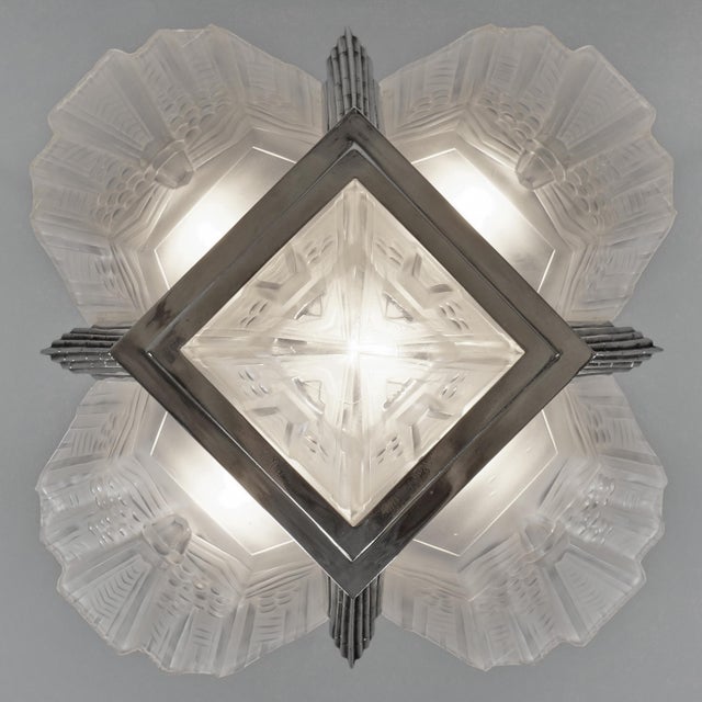 Jean Gauthier Ejg French Art Deco Nickeled Bronze & Frosted Glass Chandelier 1930s For Sale - Image 9 of 11