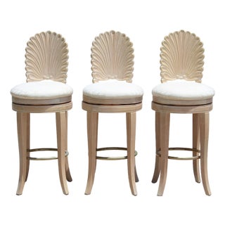1980s Vintage Italian Hollywood Regency Grotto Shell-Back Swivel Bar Stools - Set of 3 For Sale