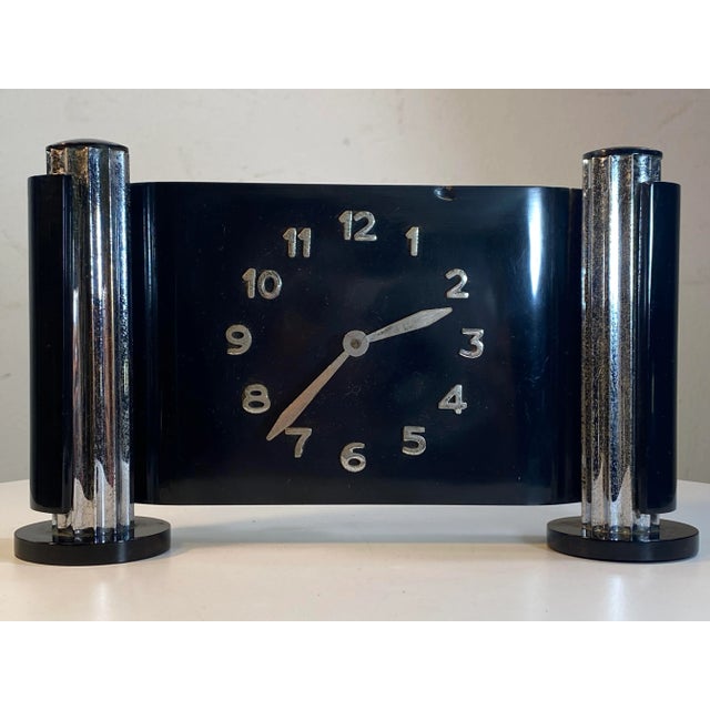 Art Deco Modernist Black Bakelite and Chrome Clock For Sale - Image 9 of 10