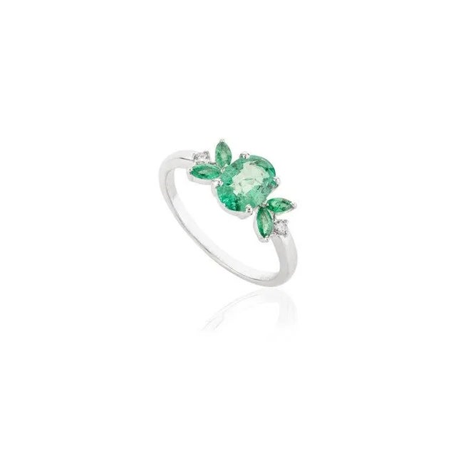 Art Deco 14k White Gold Emerald Diamond Modern Floral Ring Size 7 by VRJewels For Sale - Image 3 of 11