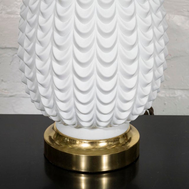 Pair of white molded glass table lamps For Sale In New York - Image 6 of 7