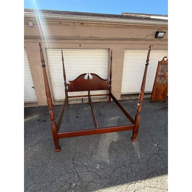 Vintage George style Cherry Rice Carved Four Poster Cali King Bed Frame. Solid wood frame, twist flame finials., well...