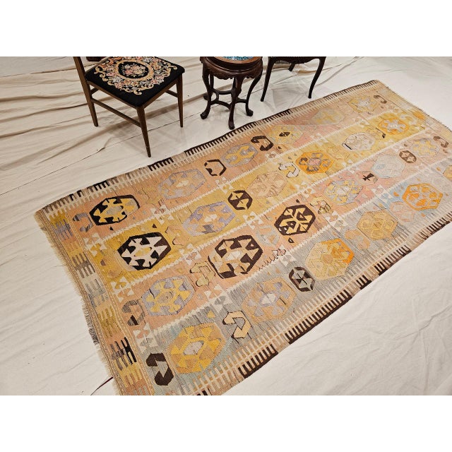 Textile Vintage Anatolian Kilim Area Rug, Hand-Woven Wool, Geometric Design,Tan & Pale Green, 5x10 For Sale - Image 7 of 14