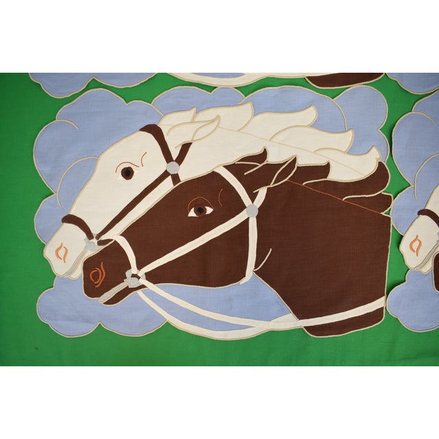 Sz: 13 1/4"H x 19"W Striking vintage placemats set featuring white and brown horse with a blue background. All hand...