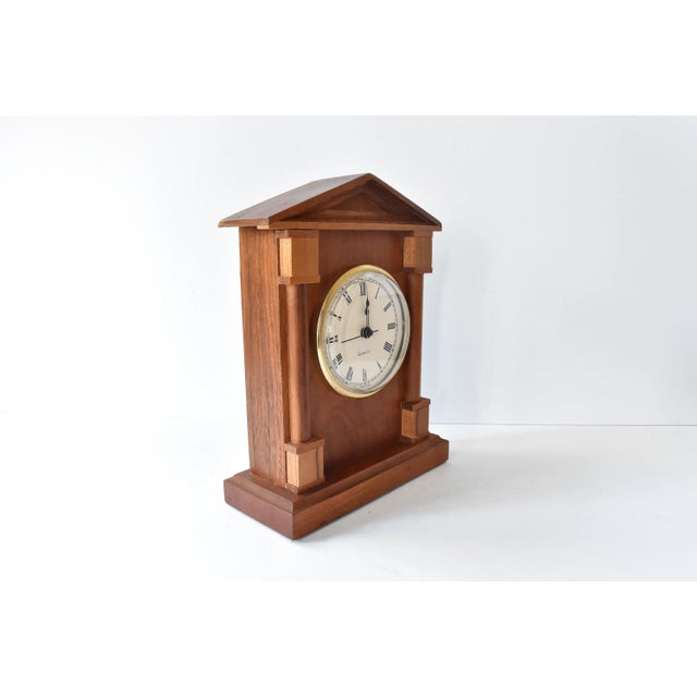 Mid 20th Century Mid-Century Handmade Teak Wood Mantel Clock With Neoclassical Architecture For Sale - Image 5 of 7