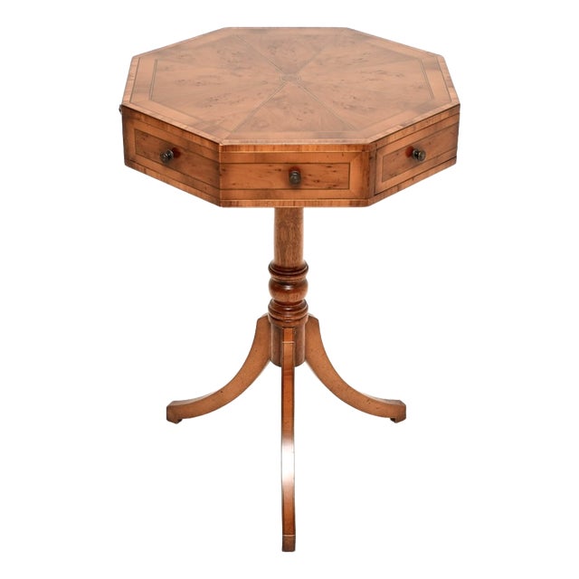 Regency Octagonal Inlaid Yew Wood Drum Table, 1930 For Sale