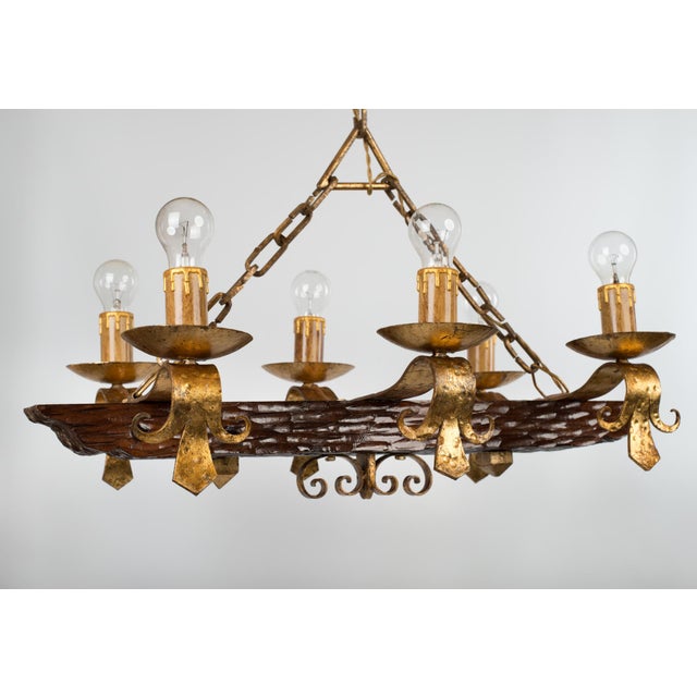 1930s Spanish Gothic Style Chandelier in Gilt Wrought Iron and Wood For Sale - Image 6 of 14