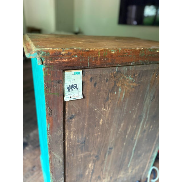Wood Vintage Solid Romanian Knotty Pine Cabinet With Distressed Turquoise Painted Finish For Sale - Image 7 of 7