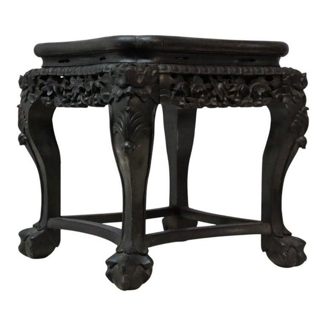 1920s Antique Chinese Floral Carved Rosewood & Rouge Marble Top Side Table C1920 For Sale - Image 5 of 11