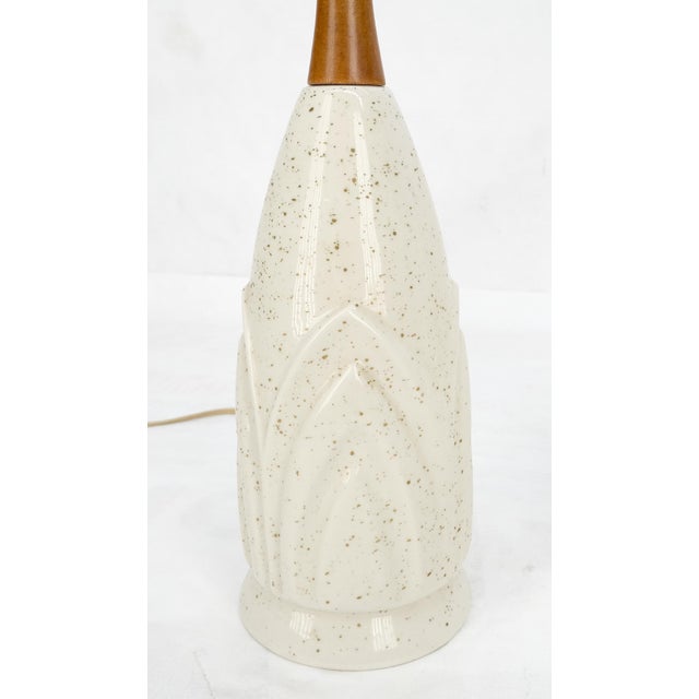 Pair Mid Century Lotus Motive Ceramic Pottery & Turned Walnut Bases Table Lamps MINT!