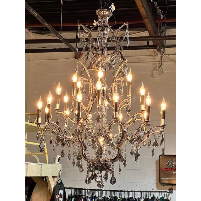 Large Vintage Smoke Crystal 24 Light Chandelier For Sale - Image 4 of 9