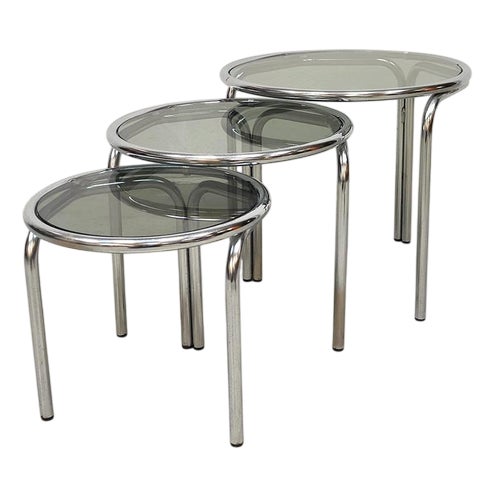 Italian Chrome and Smoked Glass Side Tables, 1970s, Set of 3 For Sale