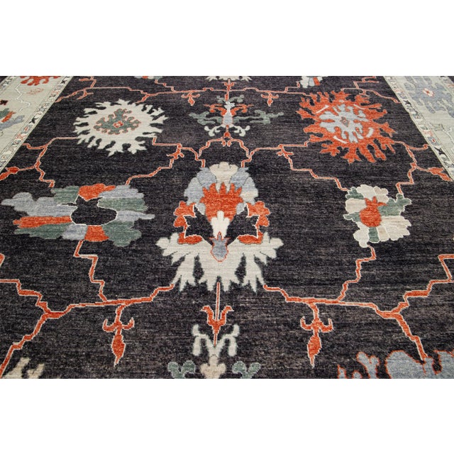 Contemporary Turkish Oushak Wool Rug in Charcoal Color With Artwork Pattern For Sale - Image 9 of 10