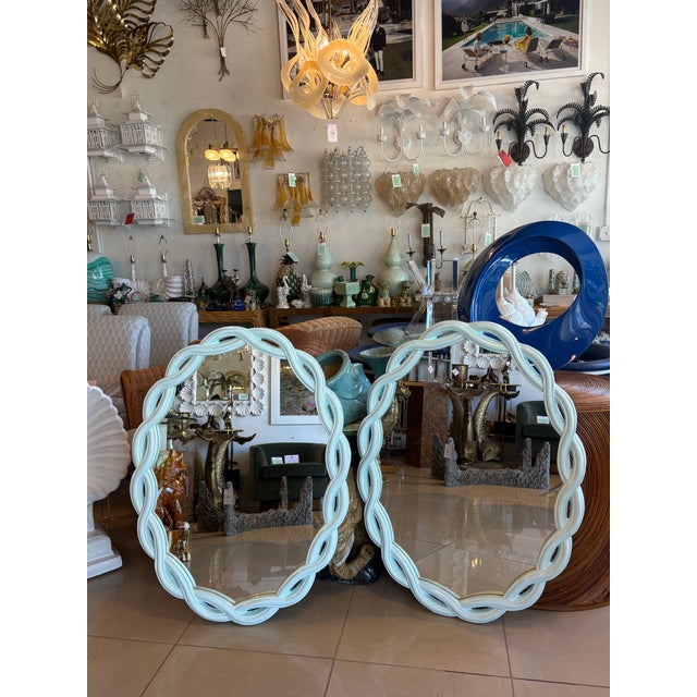 Aqua Vintage Pair Light Aqua Lacquered Palm Beach Scalloped Oval Wall Mirrors For Sale - Image 8 of 10