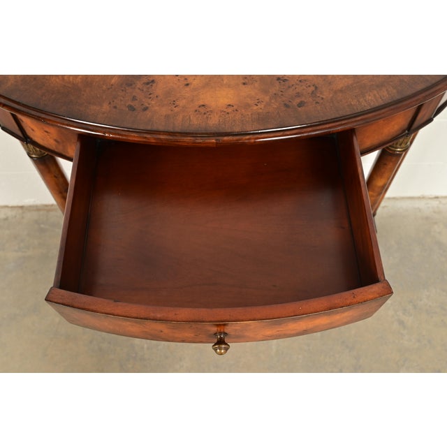 Wood Maitland Smith Style French Empire Burl Wood and Gold Gilt Demilune Console Tables, Pair For Sale - Image 7 of 12