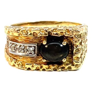 Vintage 14k Yellow Gold Oval Cat's Eye Chrysoberyl and Diamond Ring, Size 9.25 For Sale